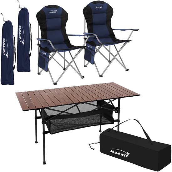 3-delige kampeerset met klaptafel bruin en 2 campingstoelen blauw HAUKI