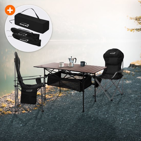 3-delige kampeerset met klaptafel bruin en 2 campingstoelen zwart HAUKI