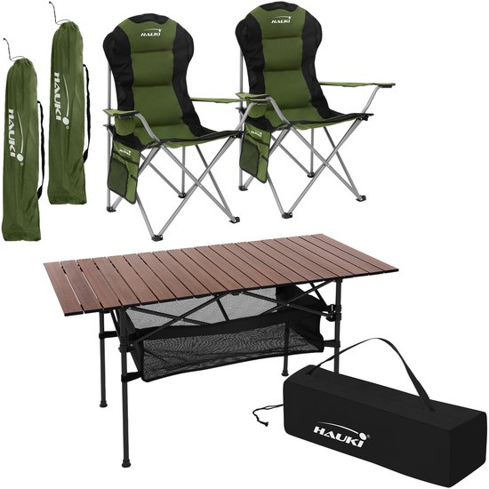 3-delige kampeerset met klaptafel bruin en 2 kampeerstoelen kaki HAUKI
