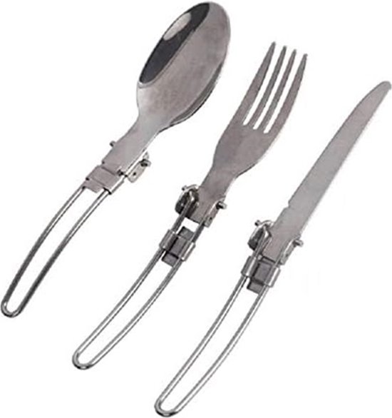 3-Delige Opvouwbaare Kampeer Bestek I Camping Bestek I Vork/Lepel/Mes I Picknick Bestek i Incl. Opberghoesje I Compact I RVS van Merkloos