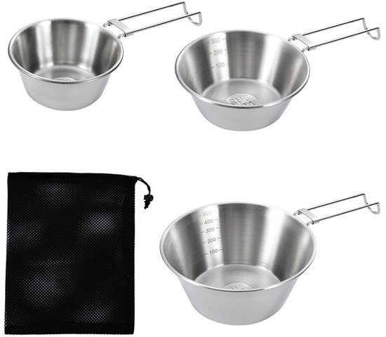 3-delige roestvrijstalen kampeerkookset - roestvrijstalen kom - opvouwbare kom - draagbare voedselkom - 200 ml, 300 ml, 500 ml - met opbergtas - geschikt voor picknicks, wandelen, barbecueën, kamperen in de buitenlucht en bergbeklimmen - zilver