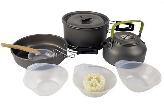 3-delige set - Kookgerei voor op de camping - Kookset voor buiten - Servies voor op de camping - Reisservies - Picknickset voor wandelen - Geschikt voor koken in de buitenlucht, wandelen en kamperen - 2 pannen en 1 waterkoker - Grijs