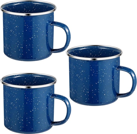 3 Emaille Mokken, Drinkbeker Gemaakt van Geëmailleerd Roestvrij Staal, Theepot, Koffiekop, 3-Delig Mokken Set, Vaatwasmachinebestendig en Kan Worden Gebruikt voor Buiten/Camping en als Cadeau.