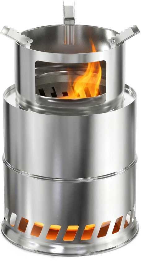 3-in-1 Campingoven Hout – Roestvrij Staal Outdoorkoker, Compatibel met Pannen/Waterkokers, Draagbaar voor Solo-Camping & Picknick
