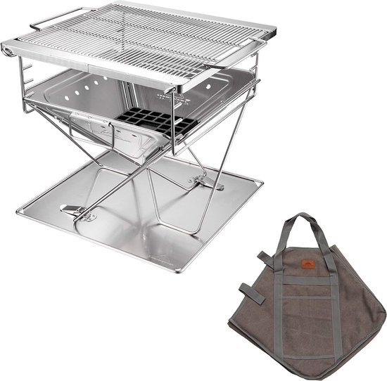 3-in-1 draagbare roestvrijstalen houtgrill en vuurplaats 14" x 15,5" met draagtas MT-035 van Biolite
