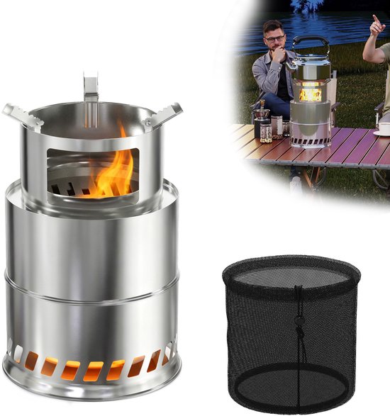 3-in-1 draagbare rookvrije houtkachel Outdoor roestvrijstalen vuurschaal vuurkorf vuurton vuurmand met tas winddicht, kampeerkooktoestel terrasverwarming voor kamperen BBQ Klein ⌀20 cm, hoogte 30,5 cm van Merkloos