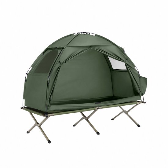 3-in-1 Eenpersoons Campingtent - Lichtgewicht Tent met Verhoogd Slaapframe - Waterdichte Outdoor Tent voor Camping, Vissen & Festivals - Groen