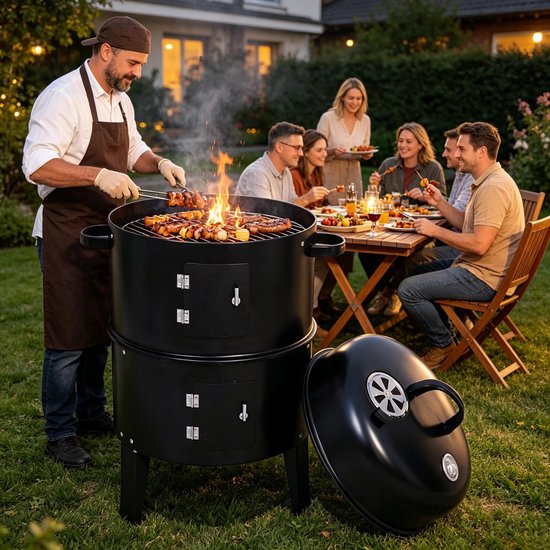 3 in 1 houtskoolgrill buitengrill met ingebouwde thermometer geschikt voor koken grillen en kamperen in de achtertuin