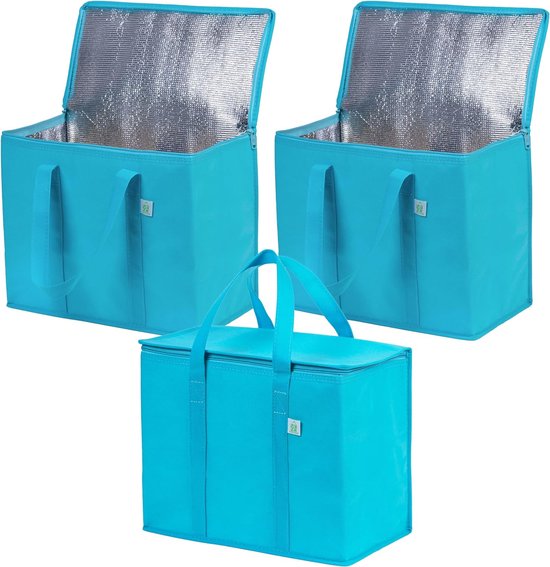3-pack geïsoleerde herbruikbare koeltas boodschappentassen grote, robuuste handvatten dubbele ritsen deksel rechtop opvouwbaar duurzaam (cyaan, 3-pack) van NZ home