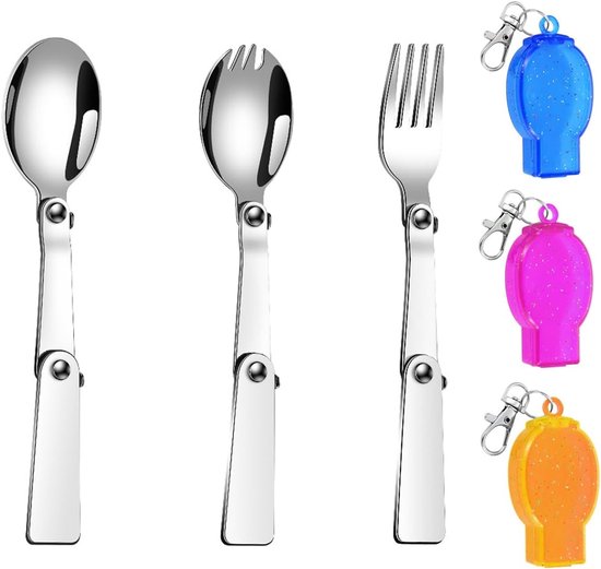 3 Pcs Vouwlepels - Vouwbare RVS Lepel en Vork Set met Haakjes - Opbergdoos - Camping Bestek voor Picknick en Reizen