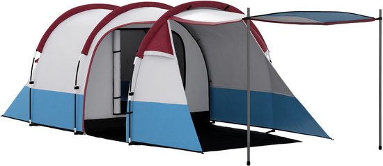 3-Persoons Tunneltent Rood - 420x200x150 cm Waterdichte Familientent met 2 Kamers & 3 Ingangen – 2000 mm Waterkolom, Inclusief 22 Haringen & Opbergzak van Merkloos