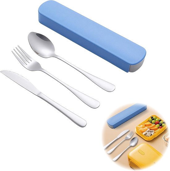 3-Piece Inox Camping Cutlery Set - Travel Cutlery - Knife - Fork - Spoon with Blue Storage Box - Cutlery for Carrying - Lunch Box - Camping en Picnic