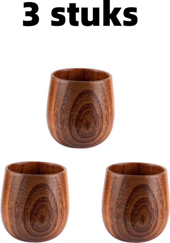 3 stuks – Bekers – Houten waterbekers – Bekers met grote inhoud – Houten mokken – Geschikt voor thuisgebruik – 7,7 cm x 6,7 cm – Bruin