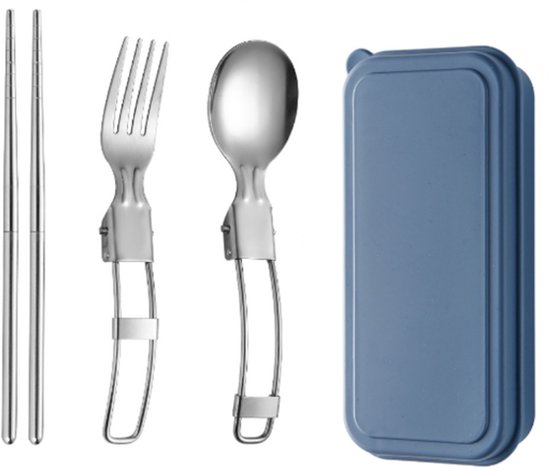 3 Stuks - Campingbestek - Met blauw plastic Opbergdoos - Ronde lepel, vork en eetstokjes - Opvouwbaar - Herbruikbaar - Bestekset - Geschikt Voor camping, picknick, wandelen, kantoor - RVS - Zilver