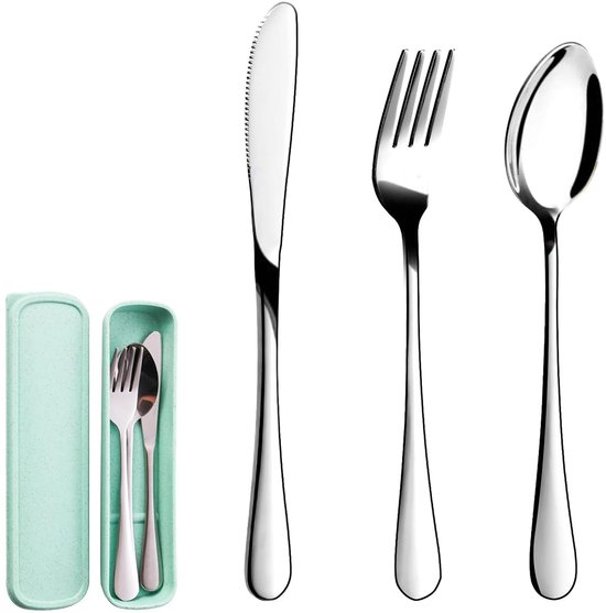 3 stuks campingbestek, roestvrij staal, reisbestek met etui, campingbestekset met vork, lepel, mes, bestek om mee te nemen, vaatwasmachinebestendig voor outdoor, school, werk, reizen (zilver)
