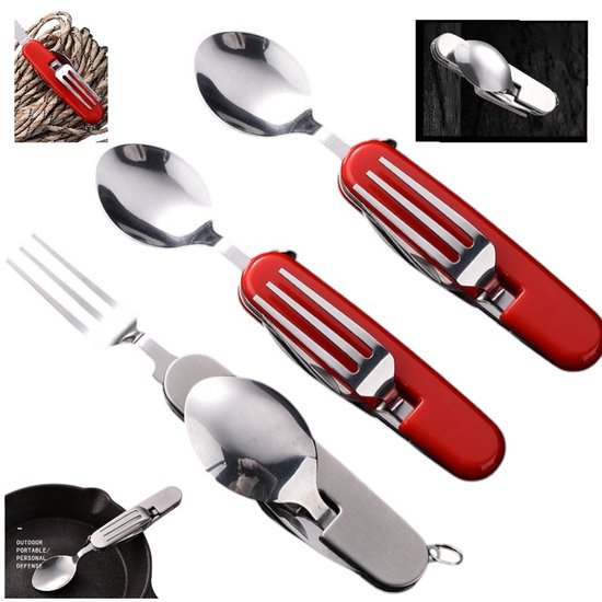 3 stuks Campingbestekset - Outdoor bestekset - roestvrijstalen lepel/vork/mes/flesopener - 4-in-1 multifunctionele opvouwbare bestekset - Geschikt voor buiten dineren - Voor kamperen -backpacken - picknicks en avonturen