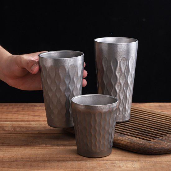 3 stuks dubbelwandige roestvrijstalen bekers 300 ml + 350 ml + 450 ml - Gehamerde geïsoleerde metalen bekers - Onbreekbare stapelbare waterbekers voor bier drankjes en feestjes - Zilver
