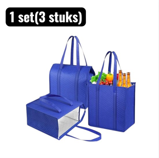 3 stuks - Geïsoleerde tas - Opbergzak - Draagbare Isothermische Tas - Opvouwbare Koel-/Warmtetas met Handvat - Binnenzak van Aluminium Folie - Voor Boodschappen, Picknick en Maaltijdbezorging - Blauw van Merkloos