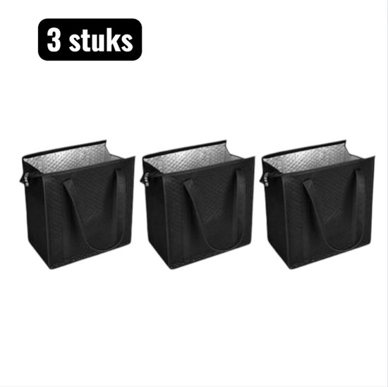 3 stuks - Geïsoleerde tas - Opbergzak - Draagbare Isothermische Tas - Opvouwbare Koel-/Warmtetas met Handvat - Binnenzak van Aluminium Folie - Voor Boodschappen, Picknick en Maaltijdbezorging - Zwart van Merkloos