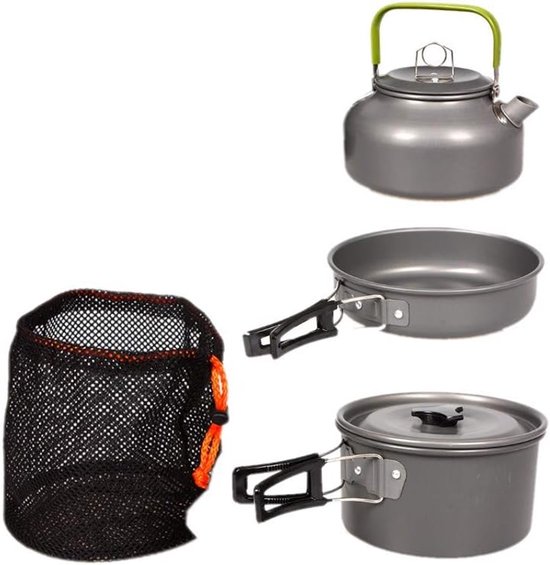 3 stuks - Kookset - Camping Kookset - Kookgerei - Camping Pannenset - Camping Kookgerei Kit - Keukengerei set - steelpan, pan, theepot - voor 2-3 personen - voor Buitenpicknick Kamperen Wandelen - Opvouwbare - aluminium van DEERFUN