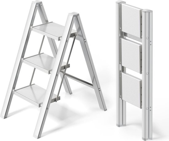 3 treden ladder aluminium inklapbare opstapkruk trapladder 3 treden inklapbare staande ladder antislip maximaal draagvermogen 150 kg draagbare lichte opstapkruk (zilverwit) van $