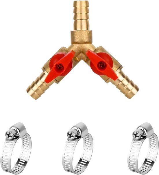 3-weg slangverbinder messing aansluiting Y-vormige 10 mm kogelkraan met 3 slangklemmen 2 schakelaars 3-weg afsluitventiel waterslangaansluiting - voor slang-ID 10-11 mm 4 stuks van Jectse