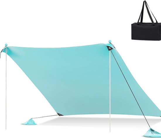 3 x 3 m, zonnetent voor 4-8 personen, UPF 50+, zonnezeil, strand met zonwering, zandzakken, 2 aluminium stangen, draagtas, schaduwzeil voor camping, picknick, vissen, turquoise