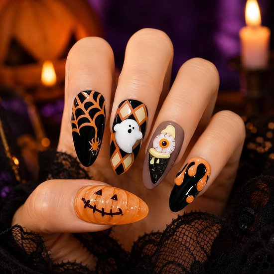 30 Halloween press-on nagels amandel 3D bloed oog pompoen ontwerp