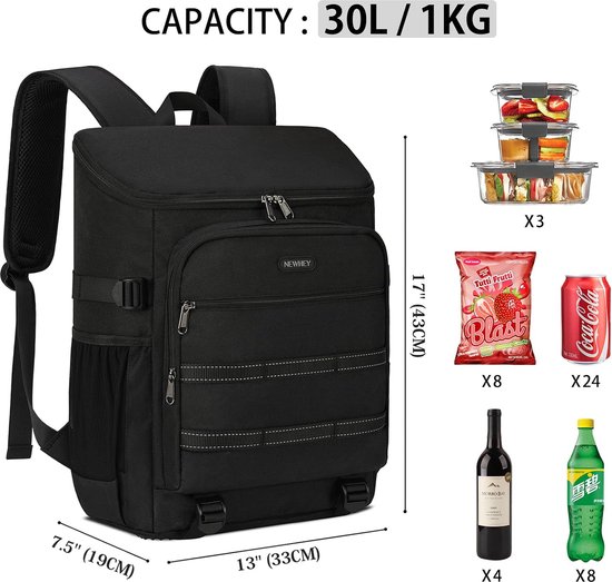 30 liter koelrugzak, waterdichte geïsoleerde koeltas, grote picknickrugzak, lichte lunchtas, rugzakken, coole tas voor camping, BBQ, wandelen, picknick, zwart van Merkloos