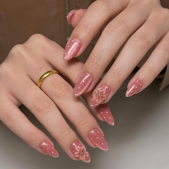 30 stuks amandelvormige press-on nagels, handgemaakte 3D-bloemen, kunstnagels met kattenoogeffect, glanzende gelkunstnagels met kleefpads, set voor dames