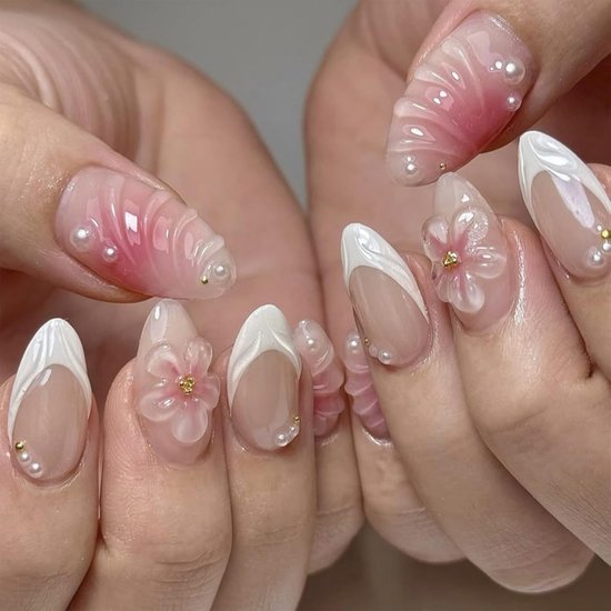 30 Stuks French Press on Nails Y2K Design, Handgemaakte 3D Bloemgolven Nagelkunst, Fake Nagels met Volledige Afdekking - DIY Manicure voor Vrouwen