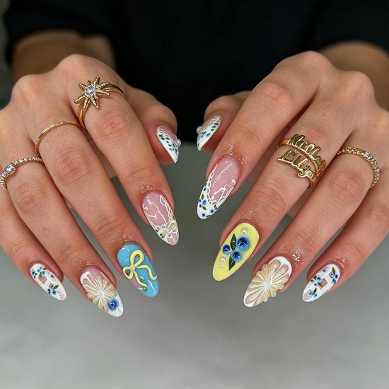 30 stuks zomervruchten press on nagels, 3D bosbessen citroen Franse kunstnagels met kleefpads set, schattige strik amandel kunstnagels
