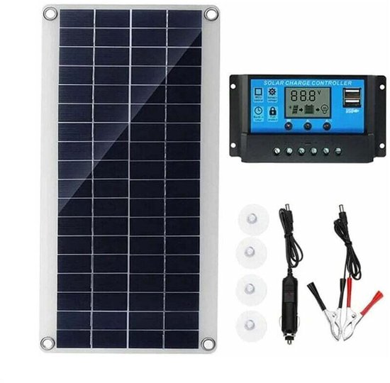 300W 12V zonnepanelenset met 20A laadregelaar, geschikt voor campers, boten, tuinen en buitenverlichting.
