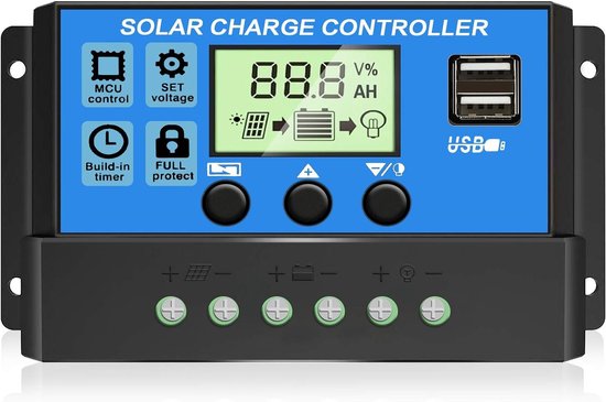 30A Solar Charge Controller - 12V/24V Zonnepaneelregelaar - met verstelbaar LCD-scherm - Dubbele USB-poorten Timerinstellingen - Laadregelaar van ECO-WORTHY