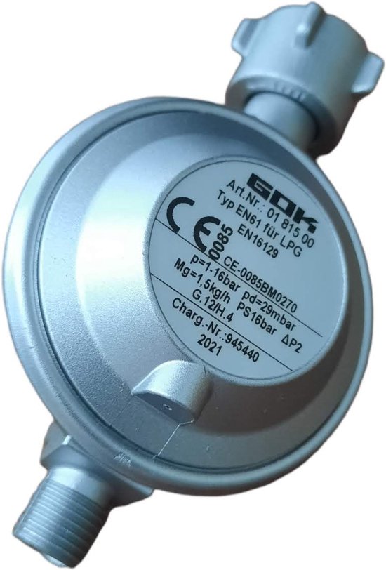30mbar Gas drukrelaar voor campinggaz BBQ verwarmings – kook- en grilltoestellen met propaan butaan gasfles - gasdrukregelaar / reduceerventiel 29 - 30 mbar - 1,5kg/h – aansluitingen W21,8 x 1/14’’ & G1/4’’ van Merkloos