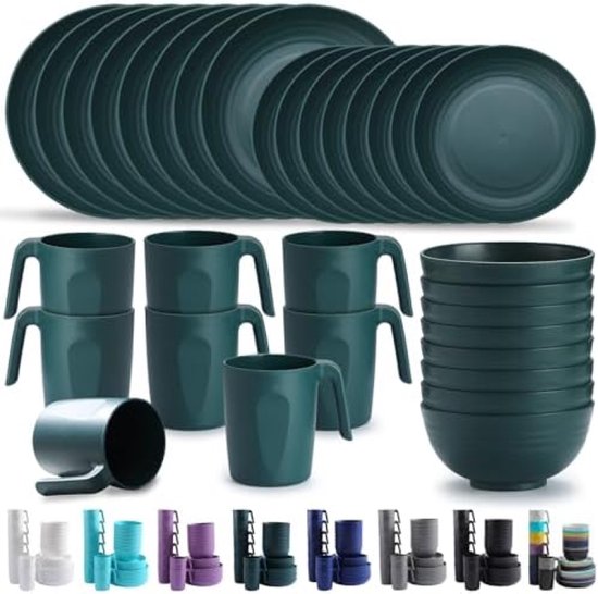 32-Delig Plastic Servies Set - Onbreekbaar Borden, Kommen en Mokken - Magnetron Veilig, Vaatwasmachinebestendig - BPA Vrij - Lichtgewicht Camping en Picknick Servies van Merkloos