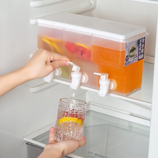 3,5 liter koelkast waterdispenser met kraan, plastic drankdispenser, plastic drankdispenser met 3 compartimenten, ijswatercontainer voor zomerse sappen, koud water, ijsthee, melk, bier. van Wihxd.