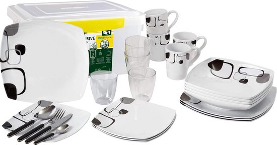 36-Delige Melamine Servies Set Voor 4 Personen - Inclusief Bestek en Opbergkoffer