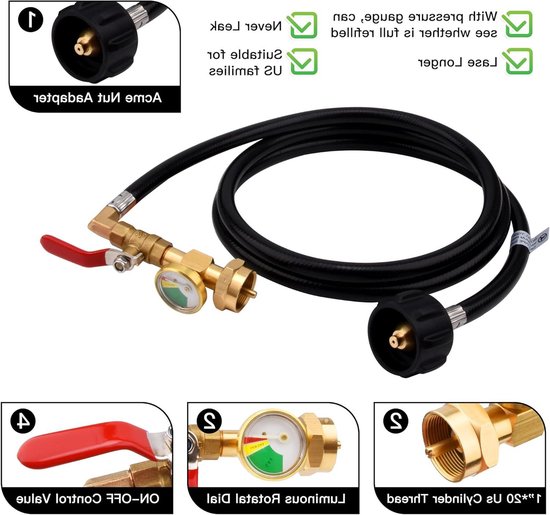 36"/3FT propaan navuladapterslang met manometer, propaanregelaar met aan/uit regelklep, 350PSI hogedruk campinggrill (QCC/type 1 inlaat) 1 lb propaantank adapter connector (3FT)
