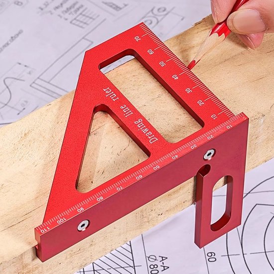 3D meerhoek meetliniaal, 45°/90° aluminiumlegering, vierkante hoekmeter, tekenliniaal, precies meetgereedschap voor houtbewerking en bouw (rood)
