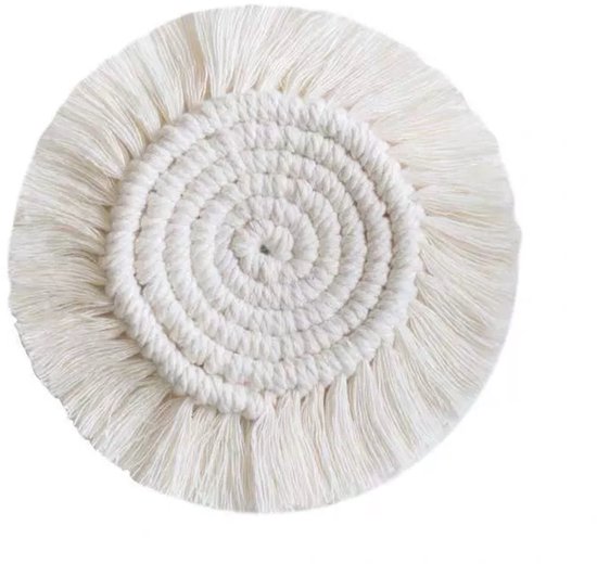 3pcs handgemaakte Macrame Coasters Set, ronde katoenen touw geweven ontwerp met franje, wit, grijs en beige kleuren, Boho Home Decor van Merkloos