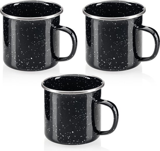 3x emaille mokken - drinkbekers van geëmailleerd RVS - theepot - koffiemok voor buiten en camping - 3-delige mokkenset - vaatwasmachinebestendig (zwart) van Pinnacle Cooking