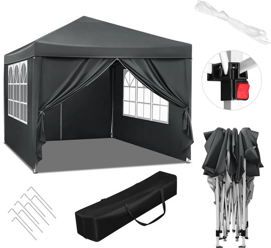 3x3m Opvouwbare Partytent - Easy Up Partytent - Partytent Opvouwbaar - Tuinpaviljoen - Waterdicht - UV - Bescherming - Verstelbare Hoogte - Draagtas - Zonnescherm - Antraciet