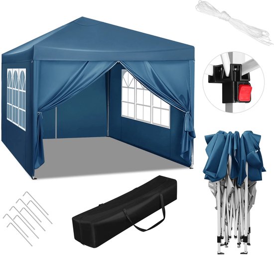 3x3m Opvouwbare Partytent - Easy Up Partytent - Partytent Opvouwbaar - Tuinpaviljoen - Waterdicht - UV - Bescherming - Verstelbare Hoogte - Draagtas - Zonnescherm - Blauw van LIVILO