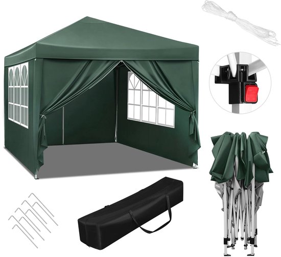 3x3m Opvouwbare Partytent - Easy Up Partytent - Partytent Opvouwbaar - Tuinpaviljoen - Waterdicht - UV - Bescherming - Verstelbare Hoogte - Draagtas - Zonnescherm - Groen