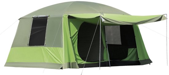 4-8 Persoons Koepeltent Groen - Familientent met 2 Slaapcabines 405x305x225 cm – Waterdicht (2000 mm) & Stevig Glasvezelframe voor Kamperen en Festivals van Merkloos