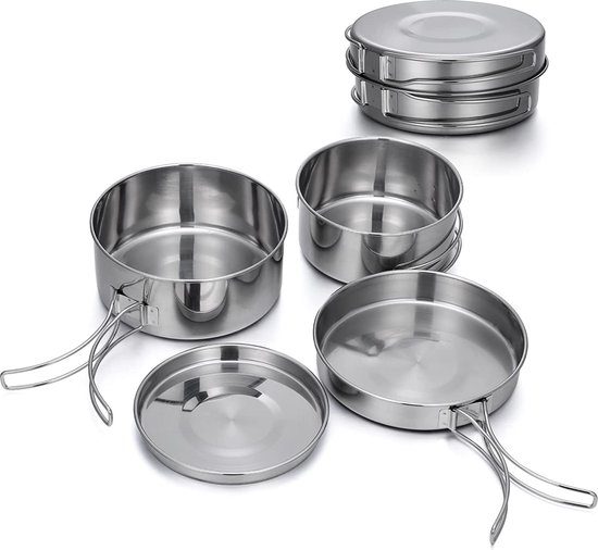 4-delig Camping Pannenset - Outdoor Pannenset - RVS - Ultra Compact & Lichtgewicht (450g) - Outdoor Kookset voor 1-2 Personen - Inklapbare Handgrepen - voor Kamperen & Backpacken - Zilver