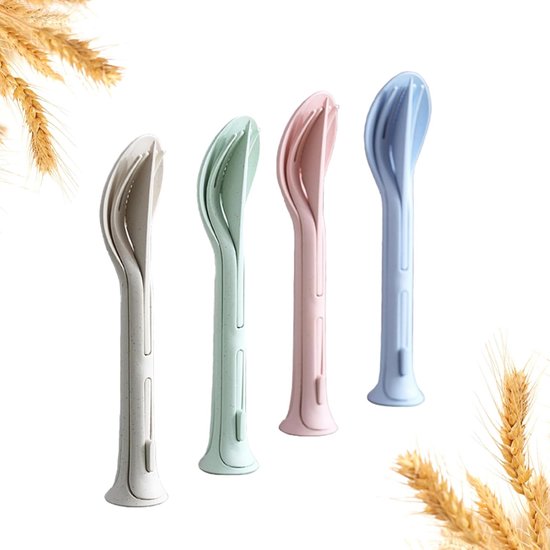 4-delige herbruikbare plastic bestekset - mes - vork - lepel - compact en draagbaar - geschikt voor in de keuken - tijdens picknicks en op de camping - lengte 17 cm