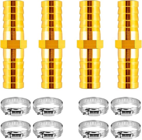 4-delige reparatieset voor tuinslang van 10 mm met 8 roestvrijstalen buisklemmen, waterslangverbinder, weerhaaksplitter, slangpatcher, tuinslang-reparatiearmaturen voor lucht/water
