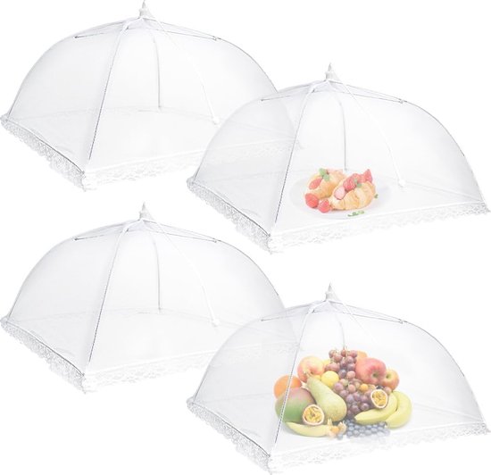 4-delige voedselafdekking van gaas - Vliegenbeschermer - vliegenkap - food cover - vliegenkap opvouwbaar - Opvouwbaar en herbruikbaar - 43 x 43 cm - Gaasstof - Wit